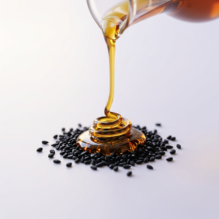 Cold-pressed black seed oil pouring onto black seeds