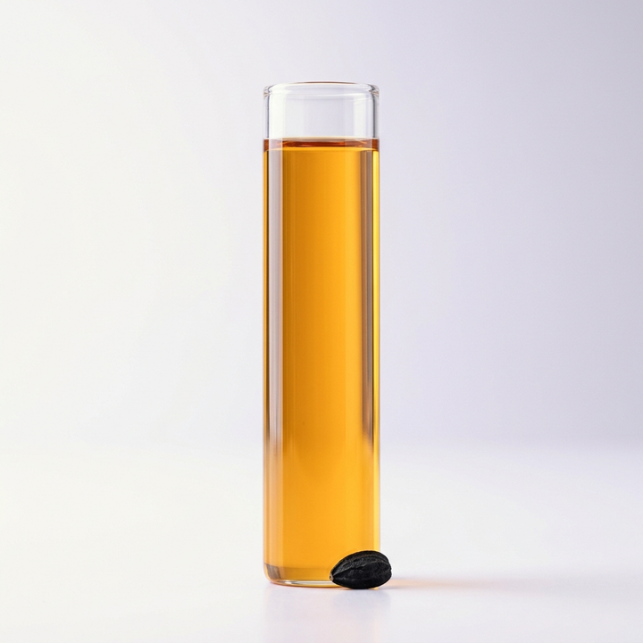 Clear glass vial of pure golden black seed oil