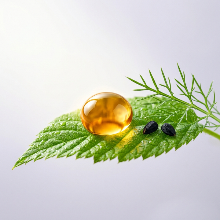 Golden oil droplet on a fresh green leaf