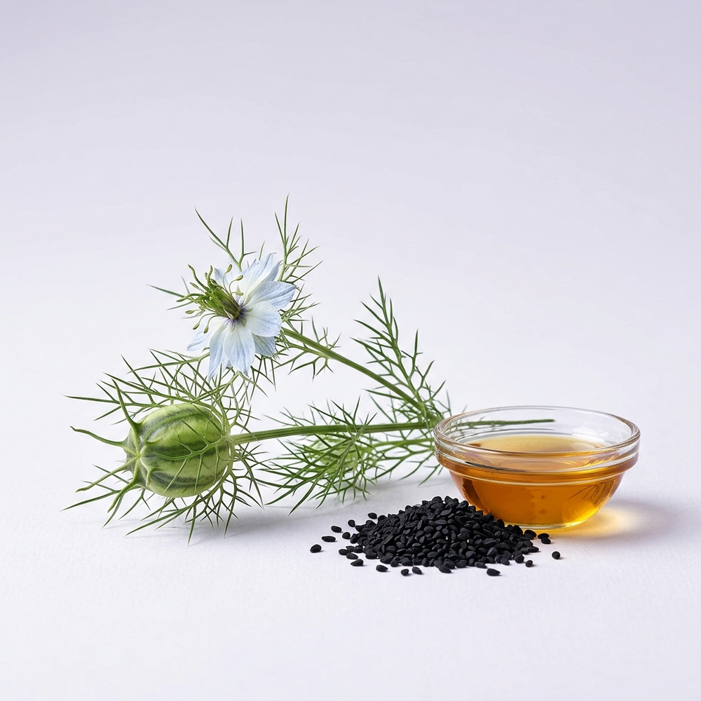 Nigella sativa flower, seed pod, seeds and oil shown together as one botanical