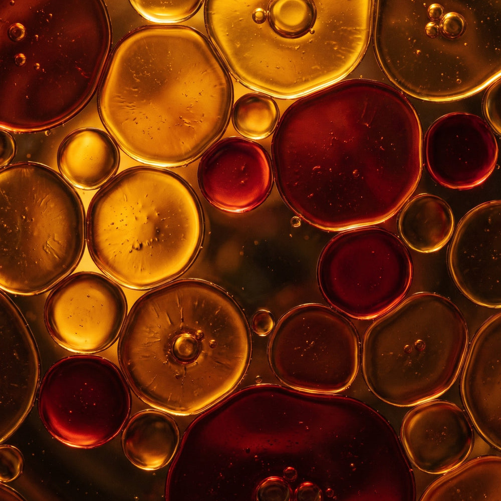 Close-up of amber black seed oil droplets