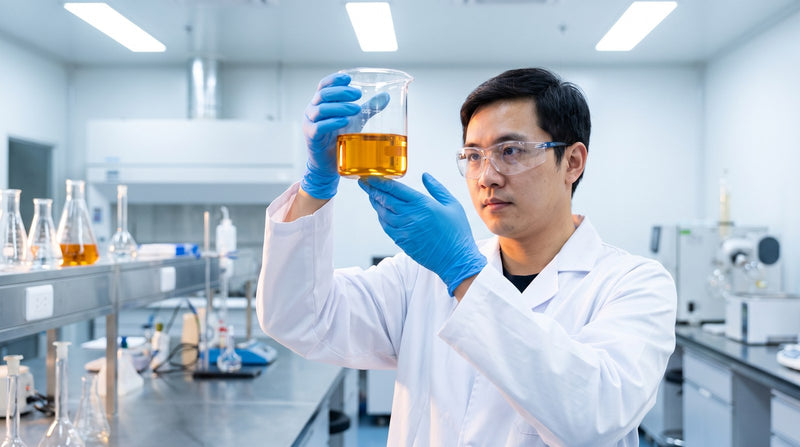 Lab technician holding a beaker of amber oil