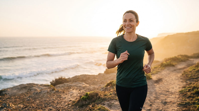 Woman running at sunrise