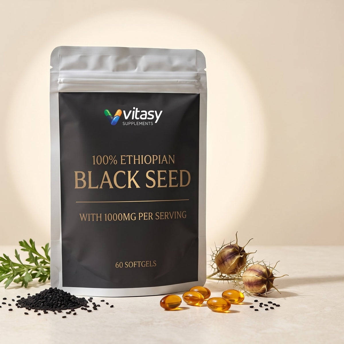 Vitasy Ethiopian Black Seed pouch with black seeds and softgels