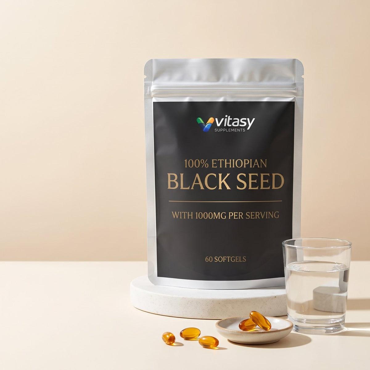 Ethiopian Black Seed pouch with softgels and a glass of water
