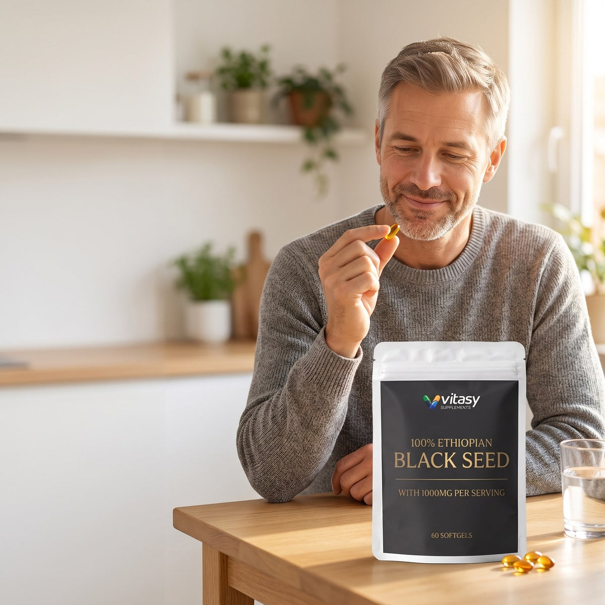Man holding an Ethiopian Black Seed softgel at the table