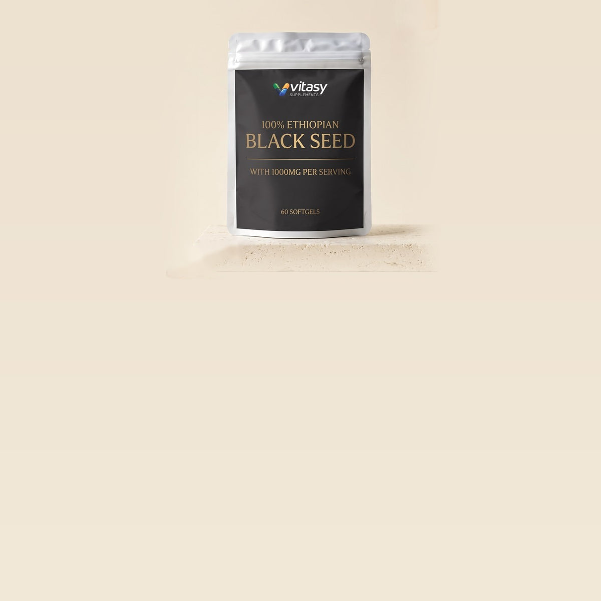 Ethiopian Black Seed pouch on a cream background