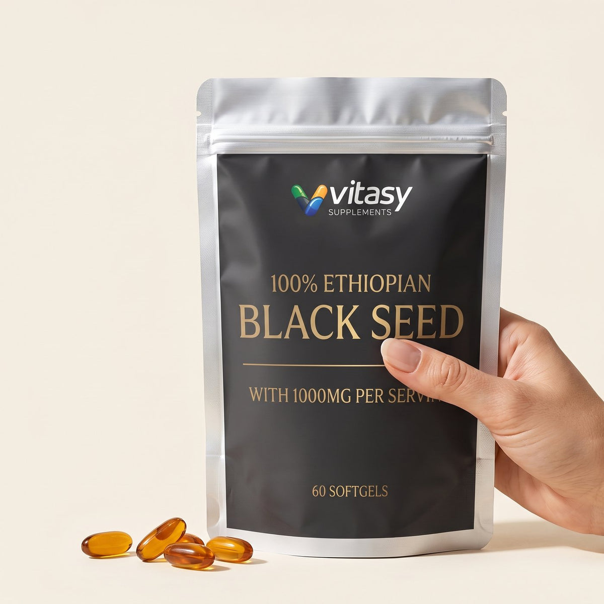 Hand holding the Ethiopian Black Seed pouch