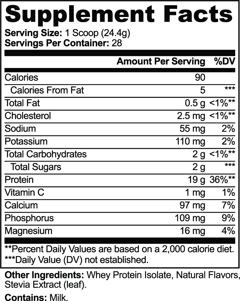 Supplement facts panel for Pure3 100% Whey Protein Isolate, vanilla