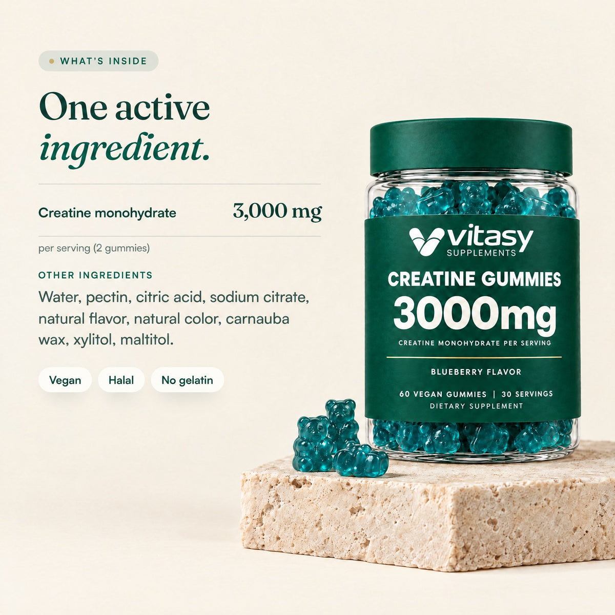 Vitasy Creatine Gummies ingredients: 3,000 mg creatine monohydrate per 2 gummies