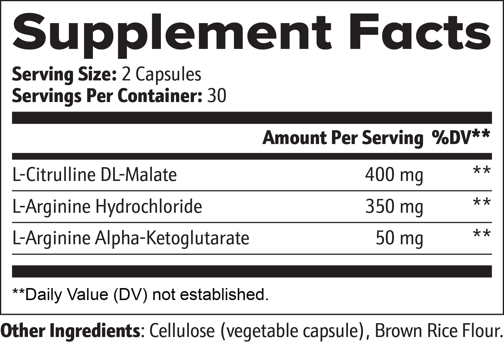 Supplement facts panel for KINETIC Nitric Oxide: serving size two capsules, L-citrulline DL-malate 400 mg, L-arginine hydrochloride 350 mg, L-arginine alpha-ketoglutarate 50 mg, vegetable cellulose capsule and brown rice flour