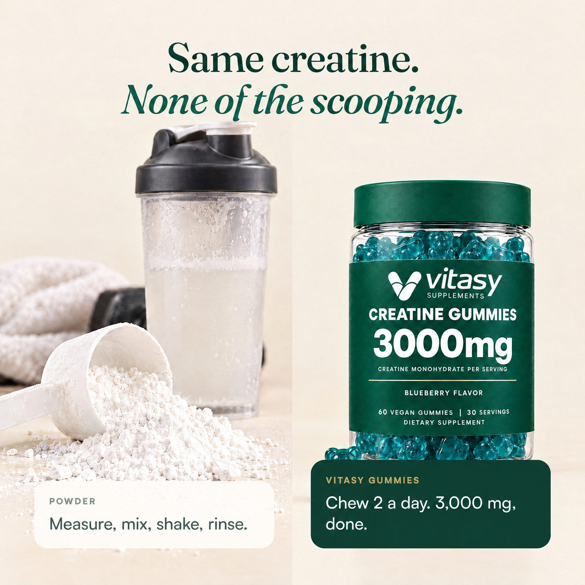 Creatine powder with scoop and shaker next to Vitasy Creatine Gummies