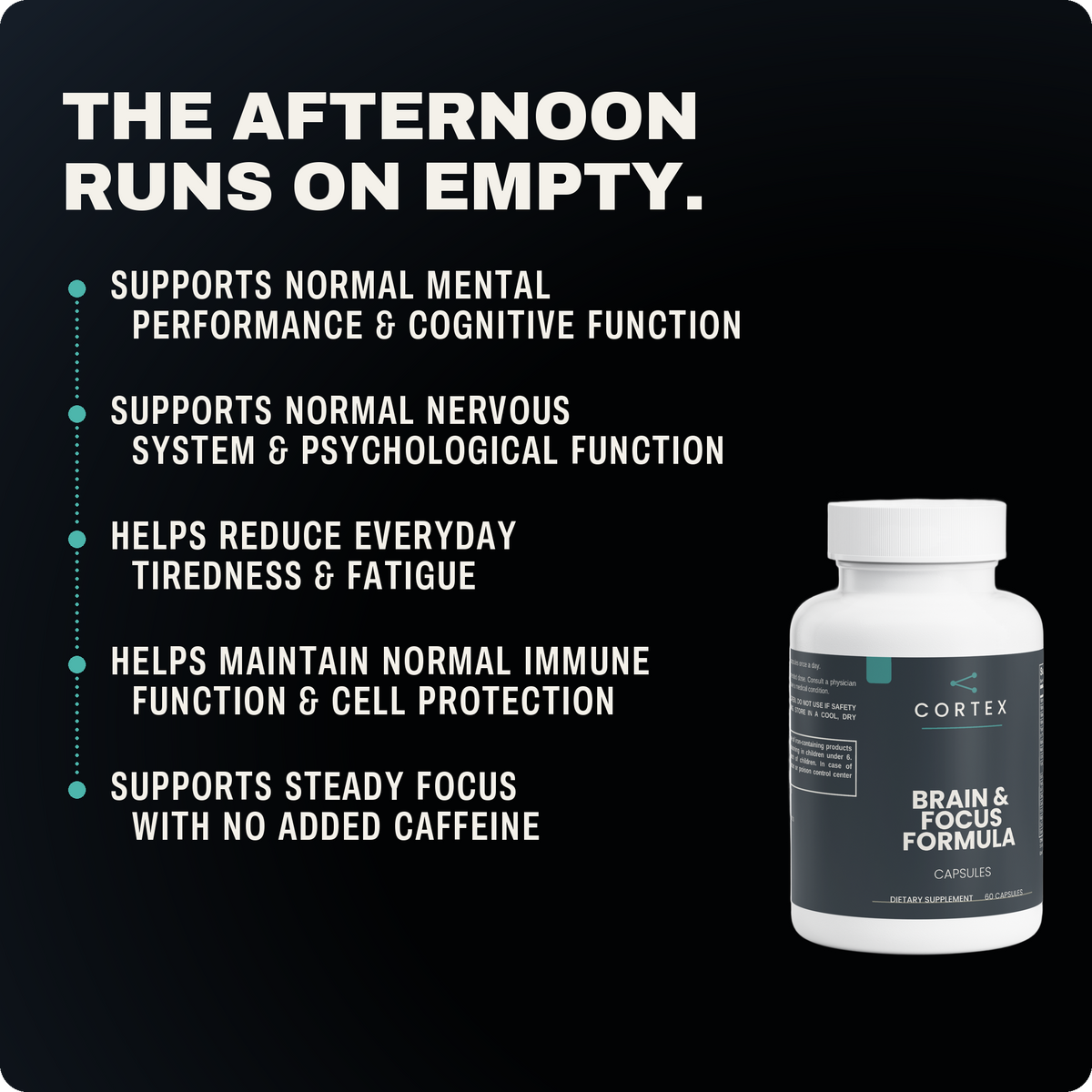 The afternoon runs on what breakfast left — five benefits of CORTEX Brain & Focus Formula (v5)