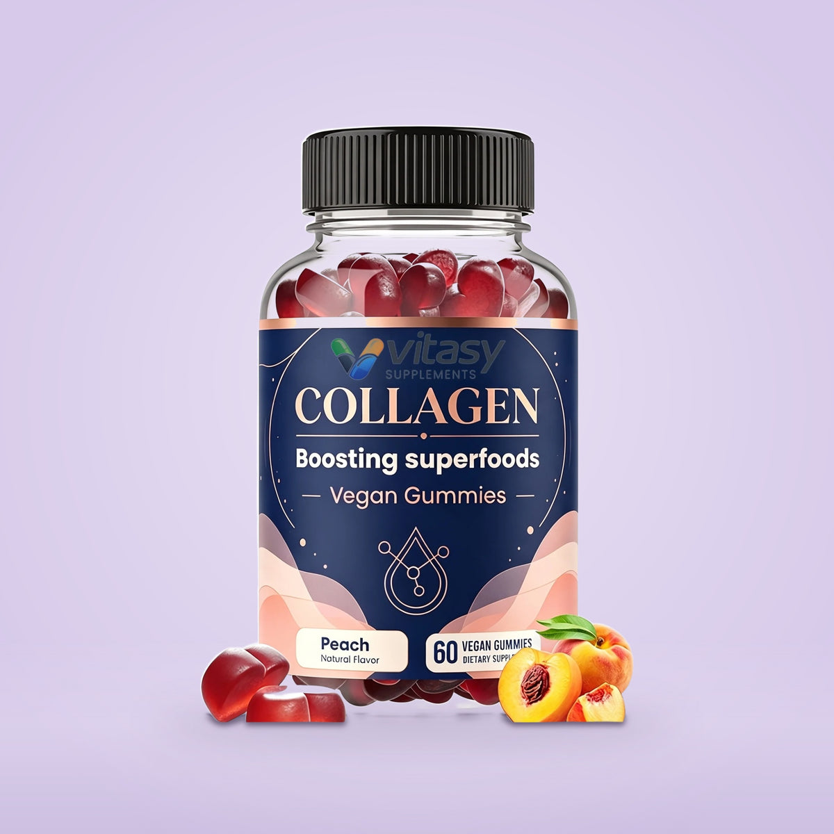 Vitasy Collagen Gummies Peach bottle with peach and gummies, 60 gummies