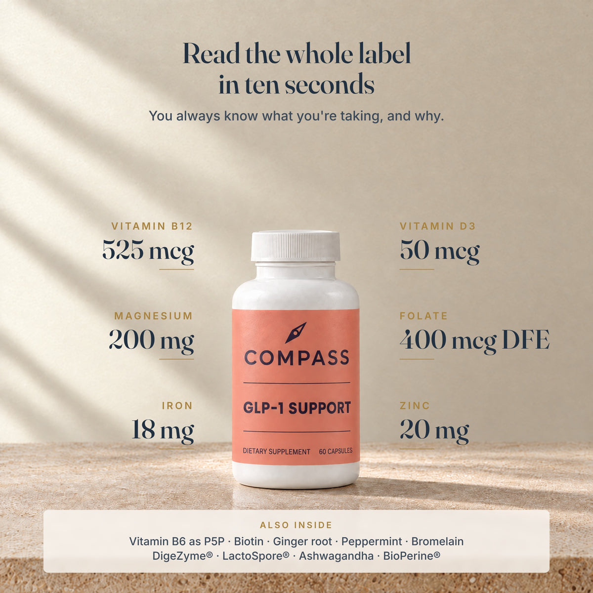 Read the whole label in ten seconds - key nutrients in Compass GLP-1 Support