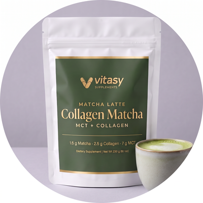 Collagen Matcha pouch with a cup of matcha latte