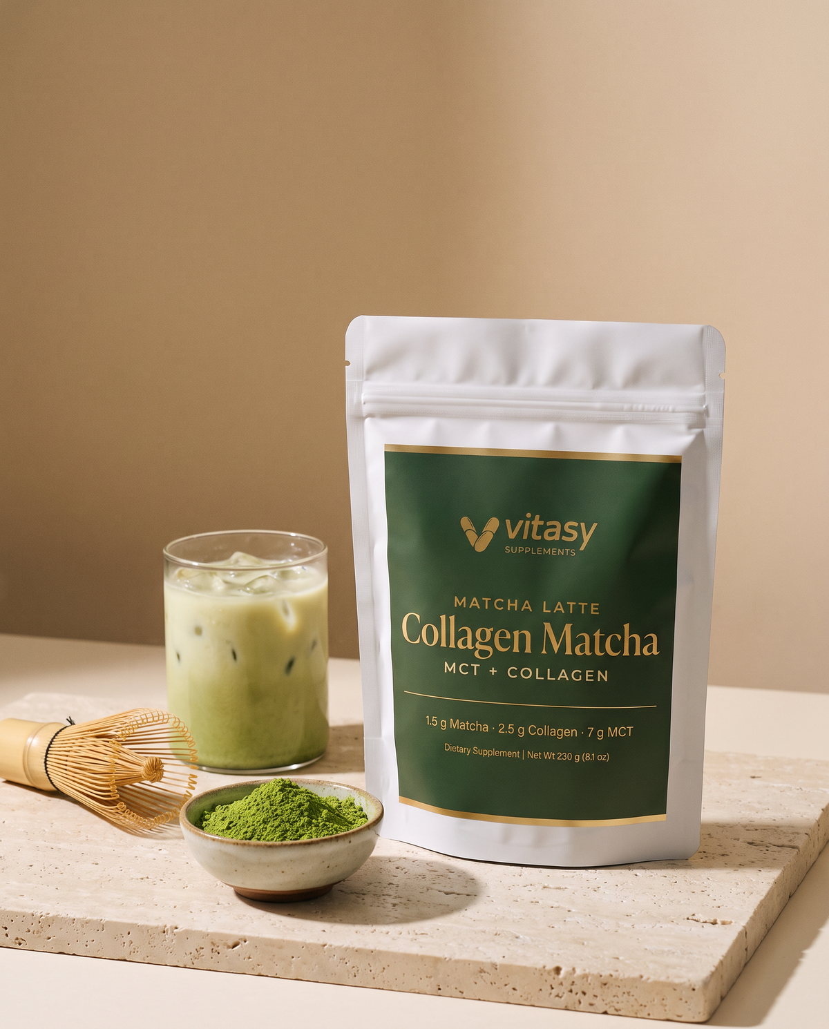 Vitasy Collagen Matcha pouch with matcha powder and an iced matcha latte