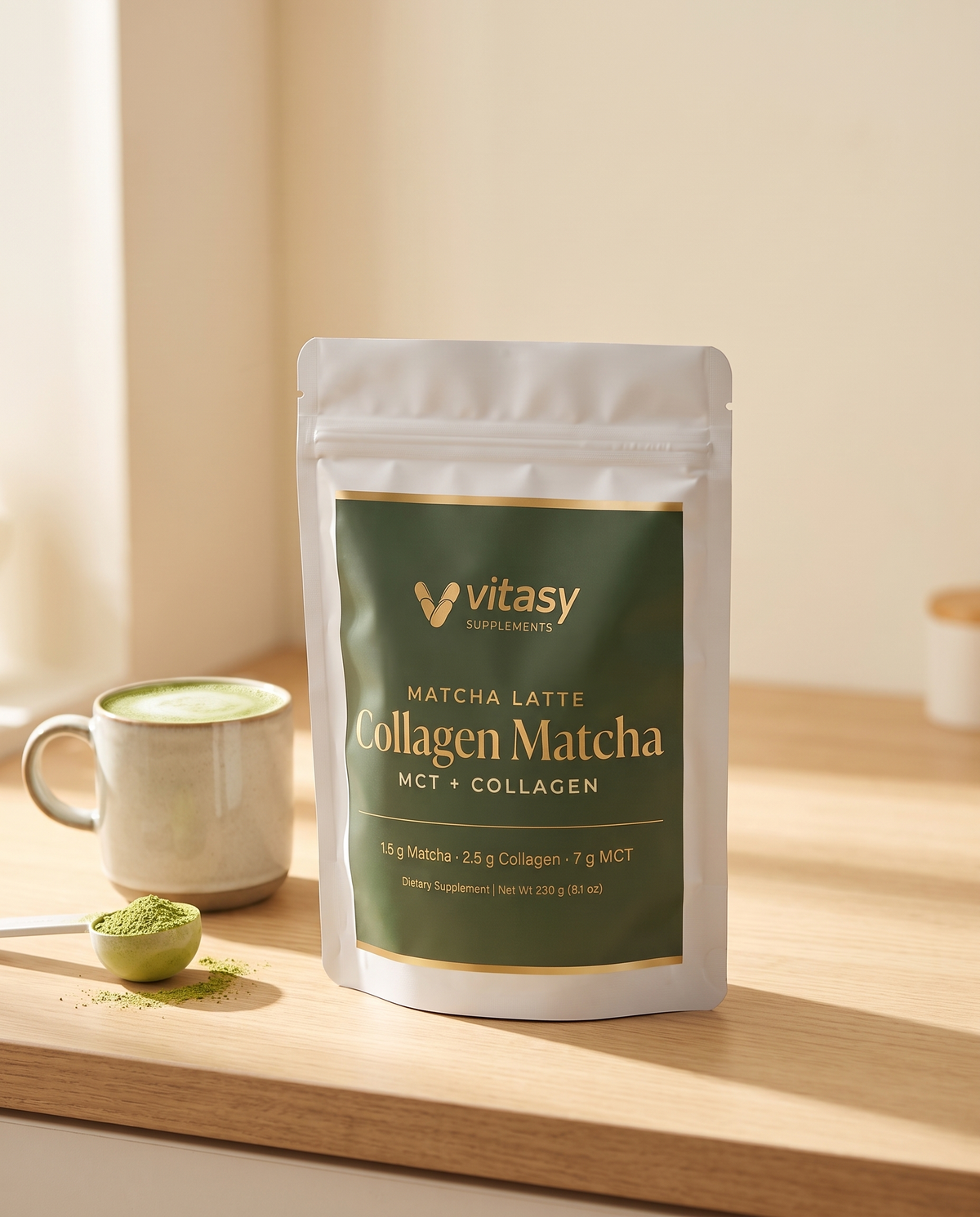 Collagen Matcha pouch next to a hot matcha latte
