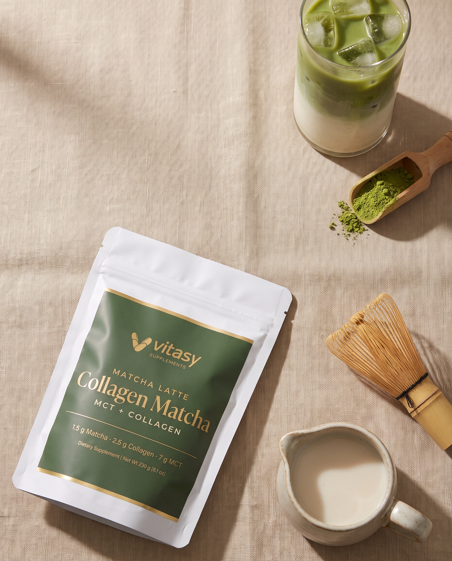 Flat lay of the Collagen Matcha pouch with matcha, whisk and oat milk