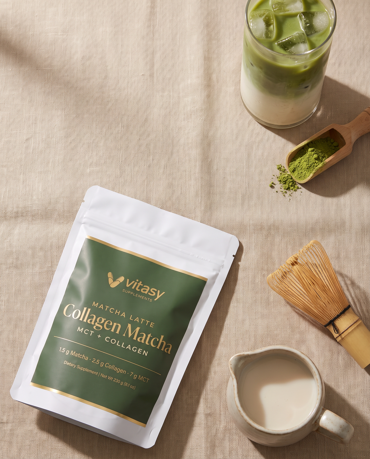 Collagen Matcha pouch with matcha, whisk and oat milk