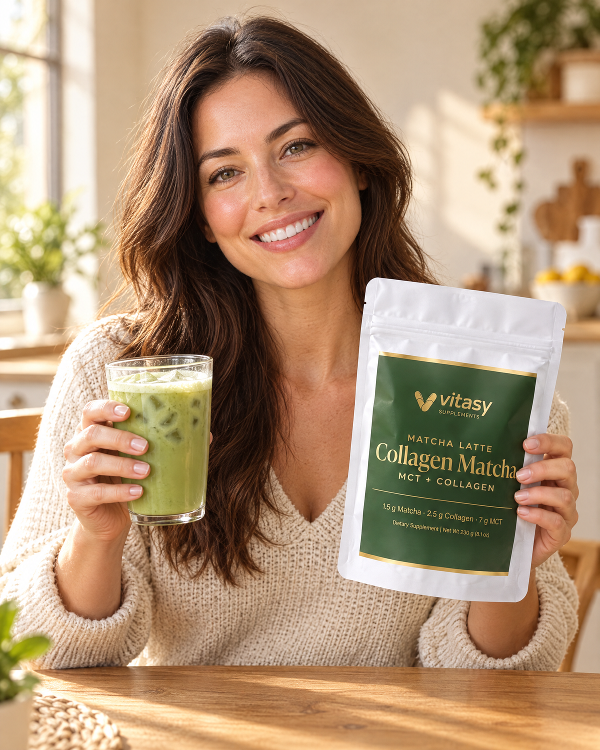 Woman holding an iced matcha latte and the Collagen Matcha pouch