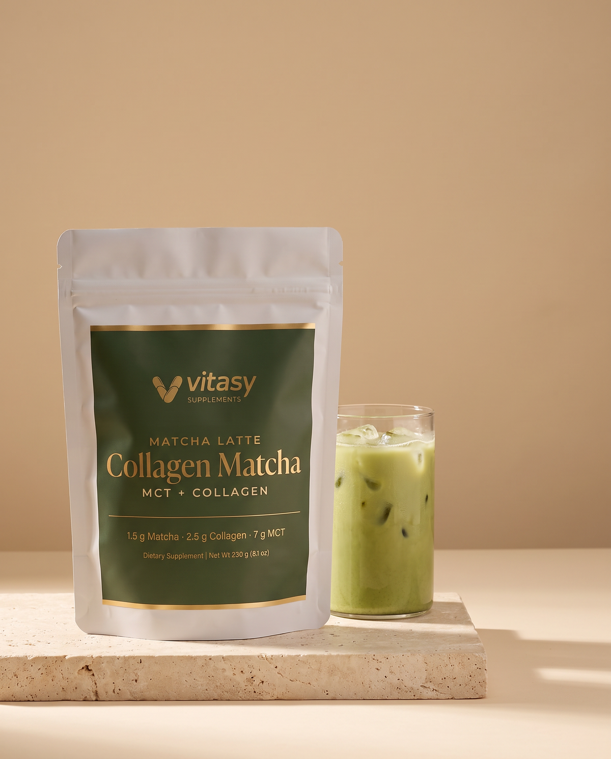 Collagen Matcha pouch with an iced matcha latte