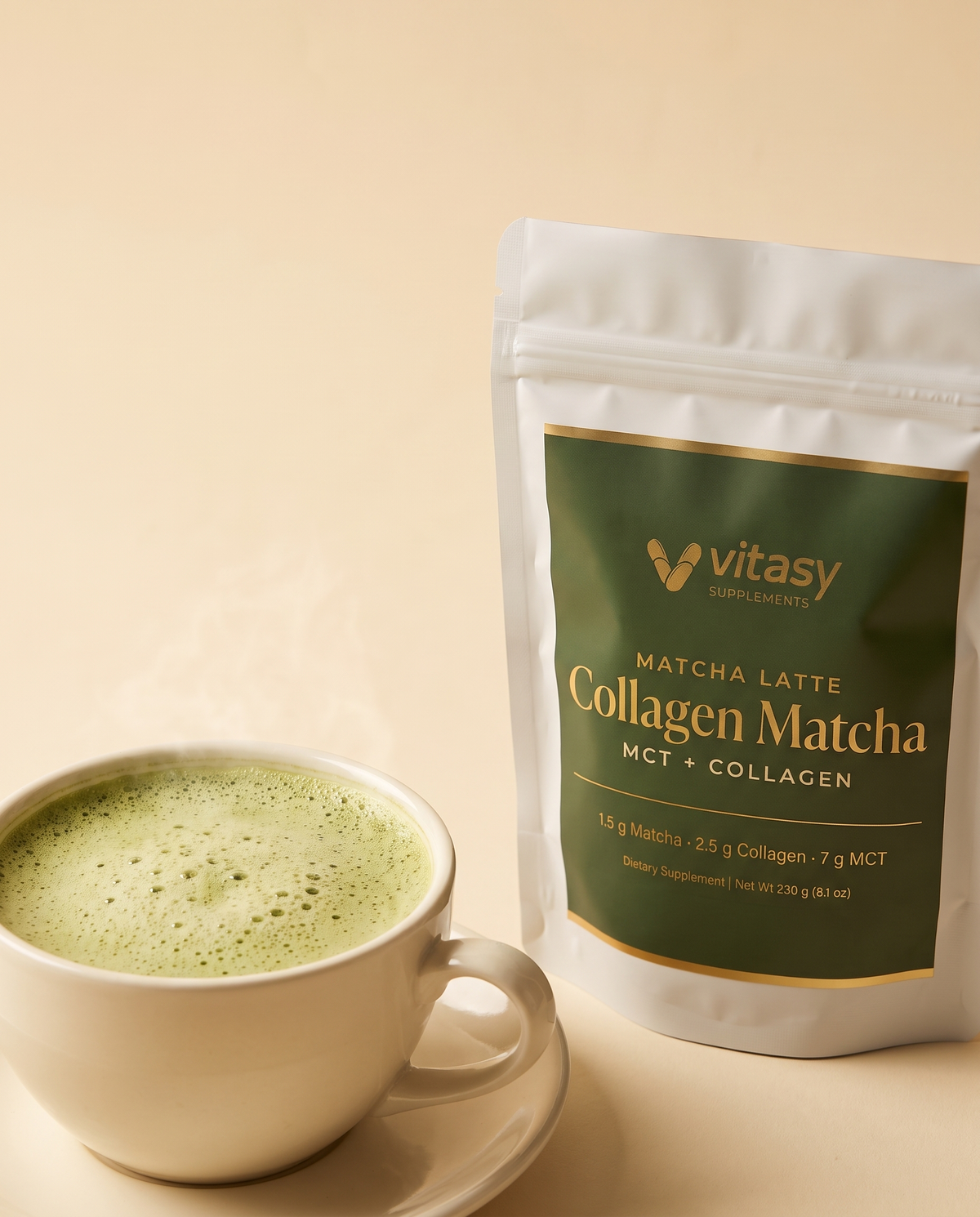 Hot matcha latte next to the Collagen Matcha pouch