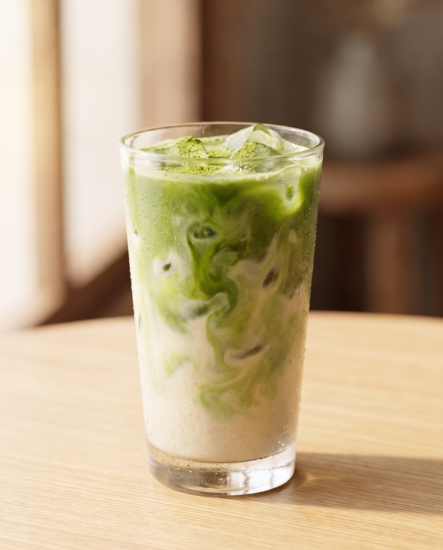 Iced matcha latte close-up