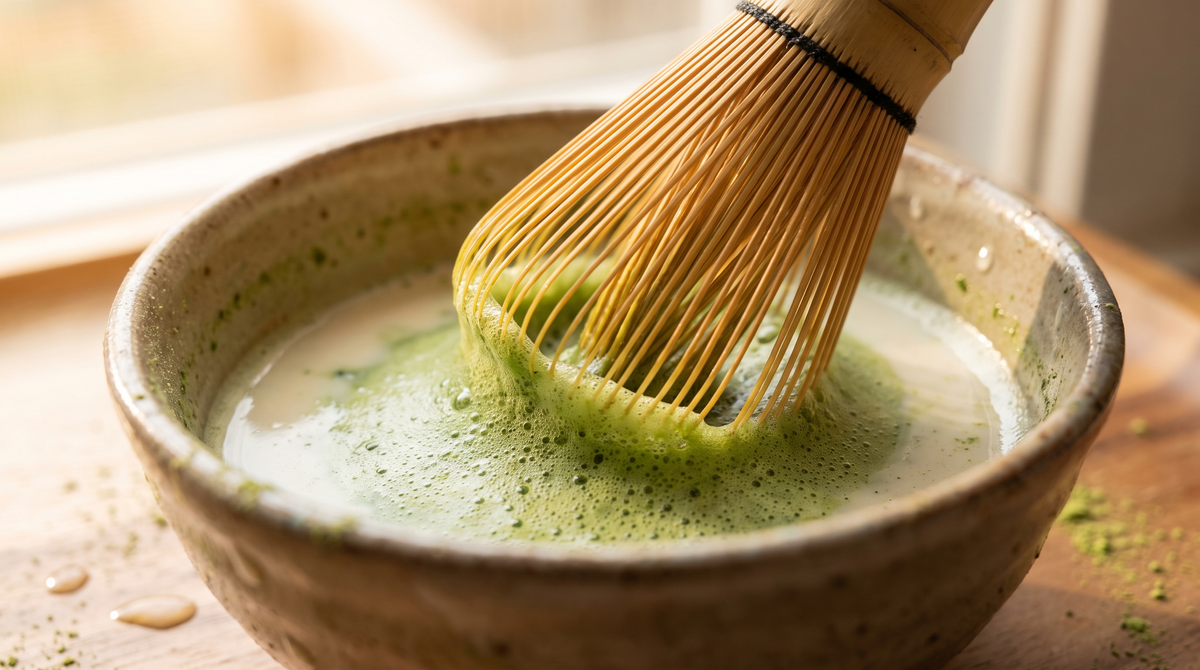 Whisking matcha into milk