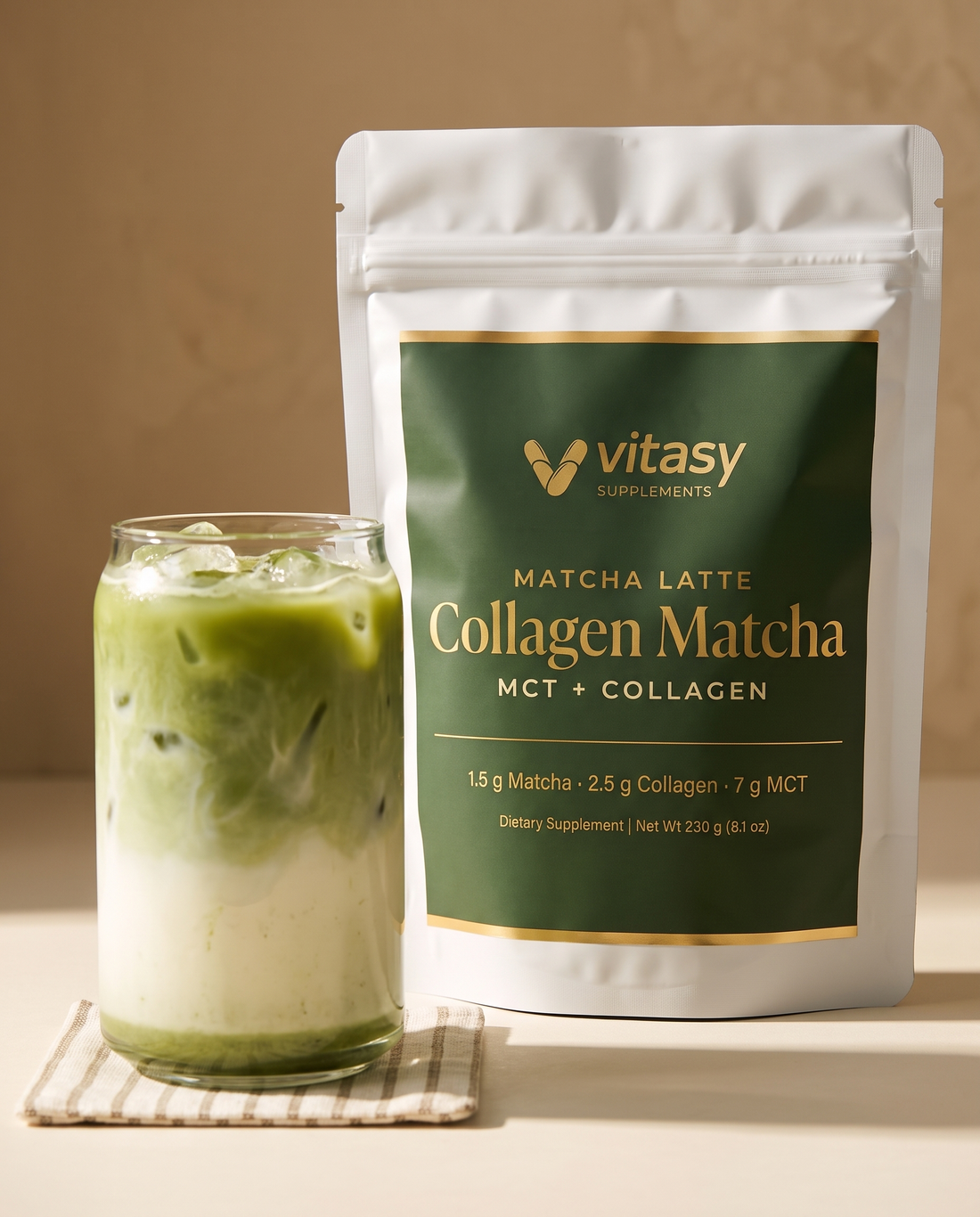 Iced matcha latte in front of the Collagen Matcha pouch