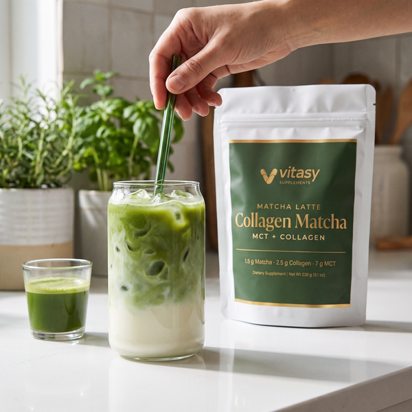 Stirring an iced collagen matcha latte with the Vitasy pouch