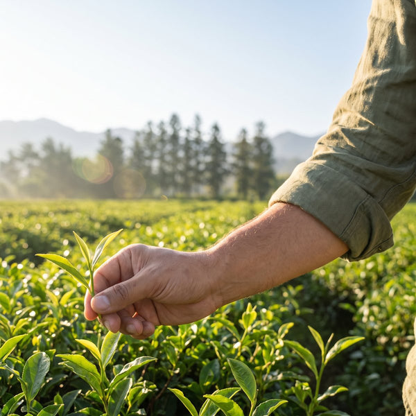 Hand picking a fresh tea leaf in a green tea field