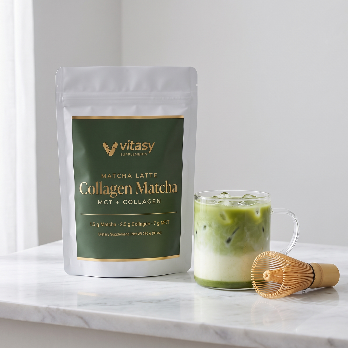Vitasy Collagen Matcha pouch next to an iced matcha latte