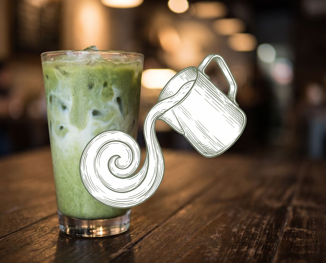 Iced matcha latte with a milk foam illustration