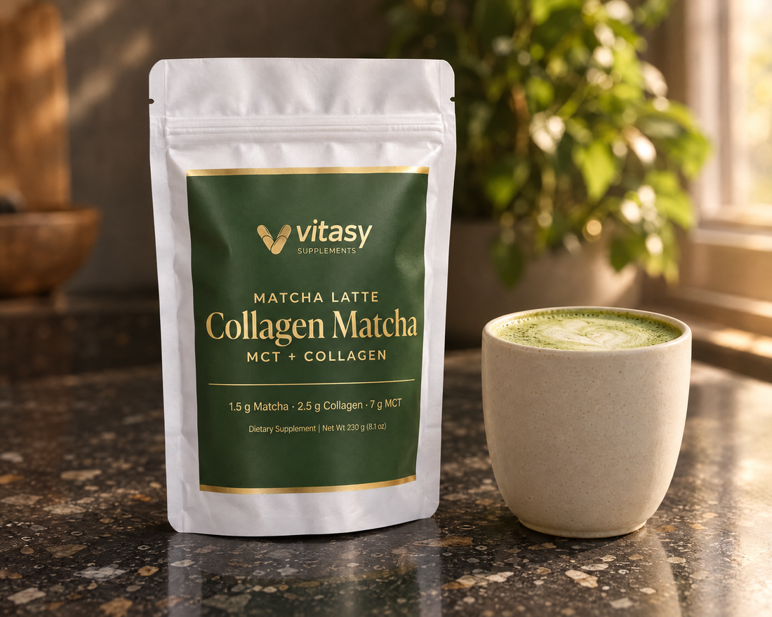 Vitasy Collagen Matcha pouch next to a matcha latte cup