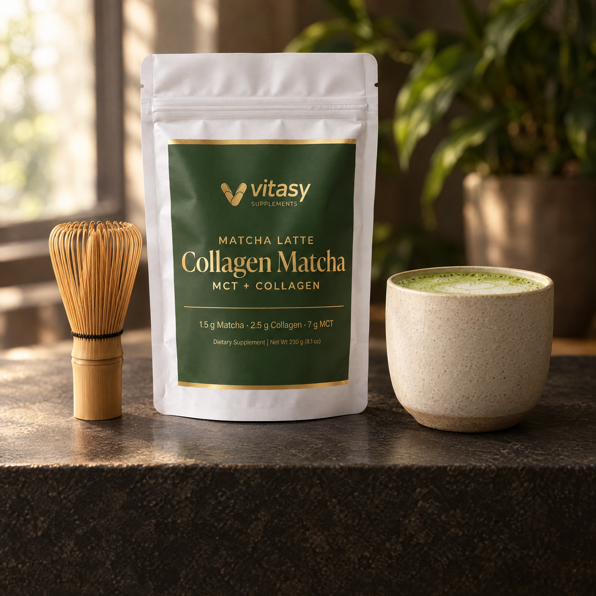 Vitasy Collagen Matcha pouch with a matcha whisk and a latte cup