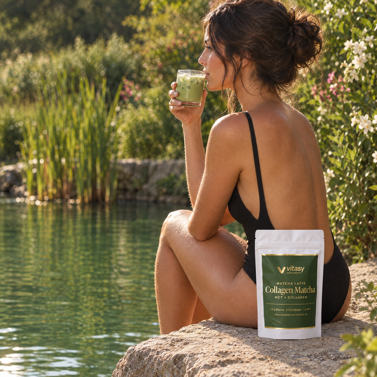 Woman enjoying an iced matcha latte by the water with the pouch beside her