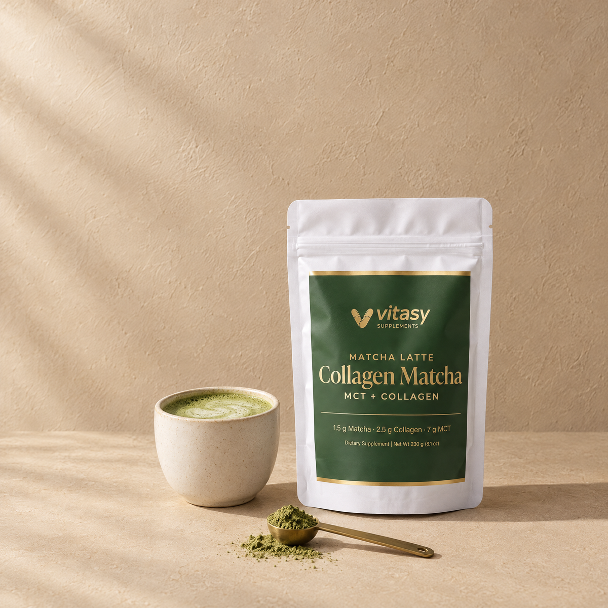 Vitasy Collagen Matcha pouch with a latte cup and a scoop of matcha
