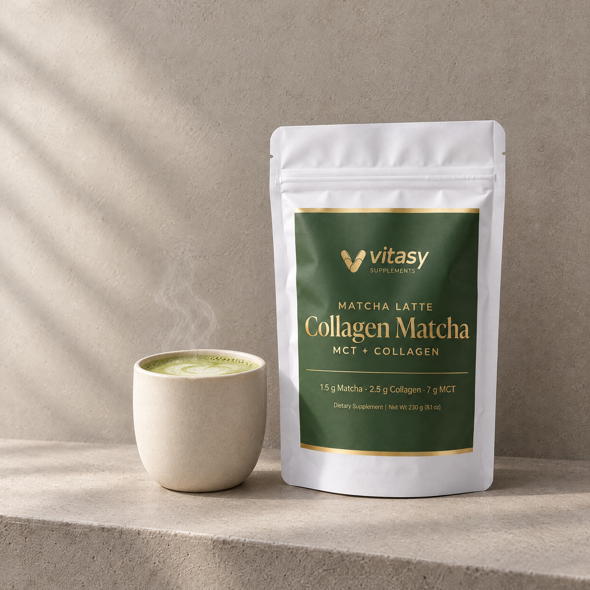 Vitasy Collagen Matcha pouch with a warm matcha latte