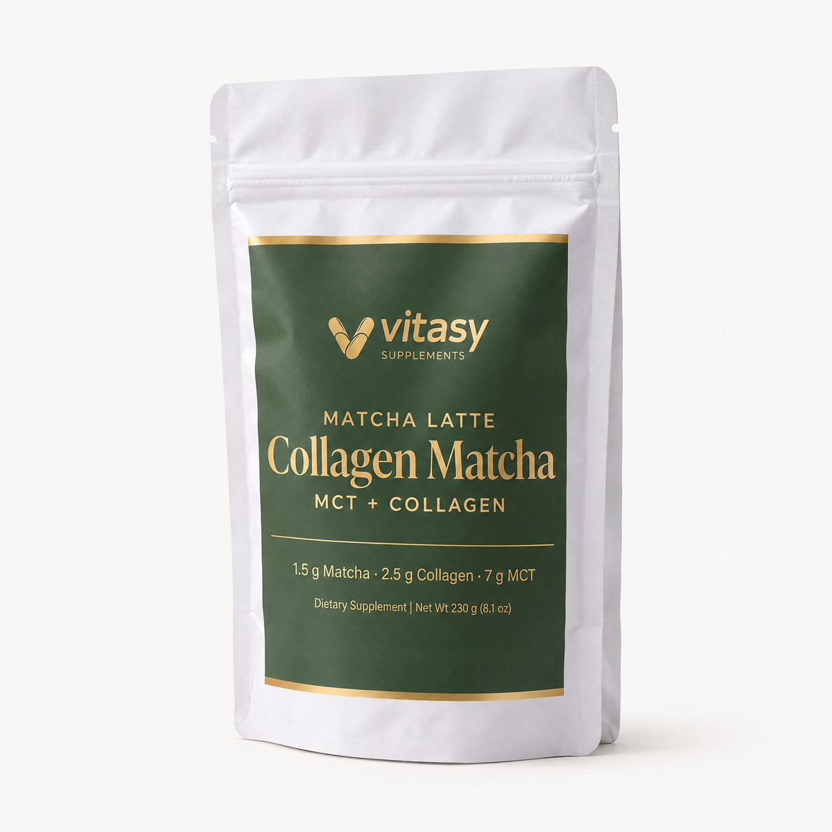 Vitasy Collagen Matcha pouch, side angle