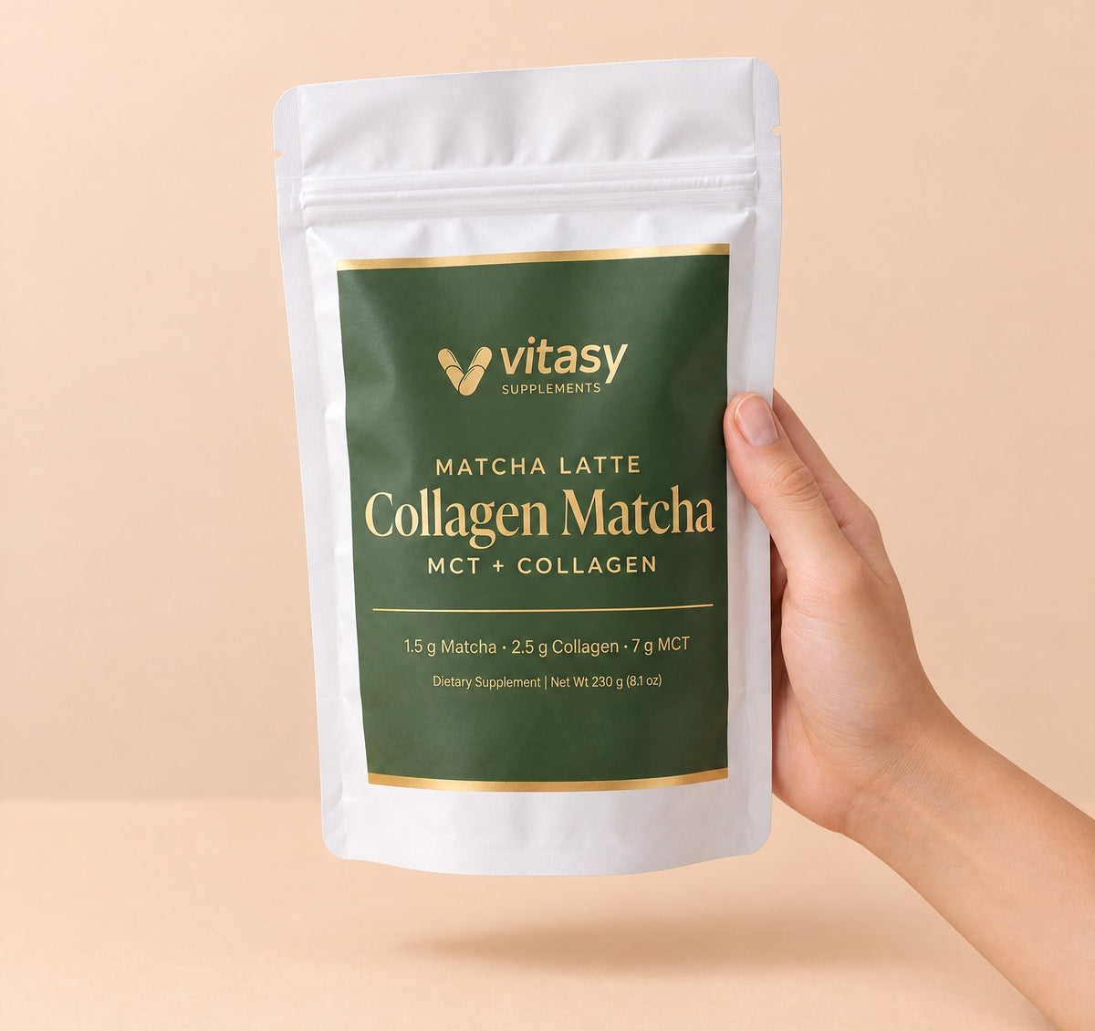 Hand holding the Vitasy Collagen Matcha pouch