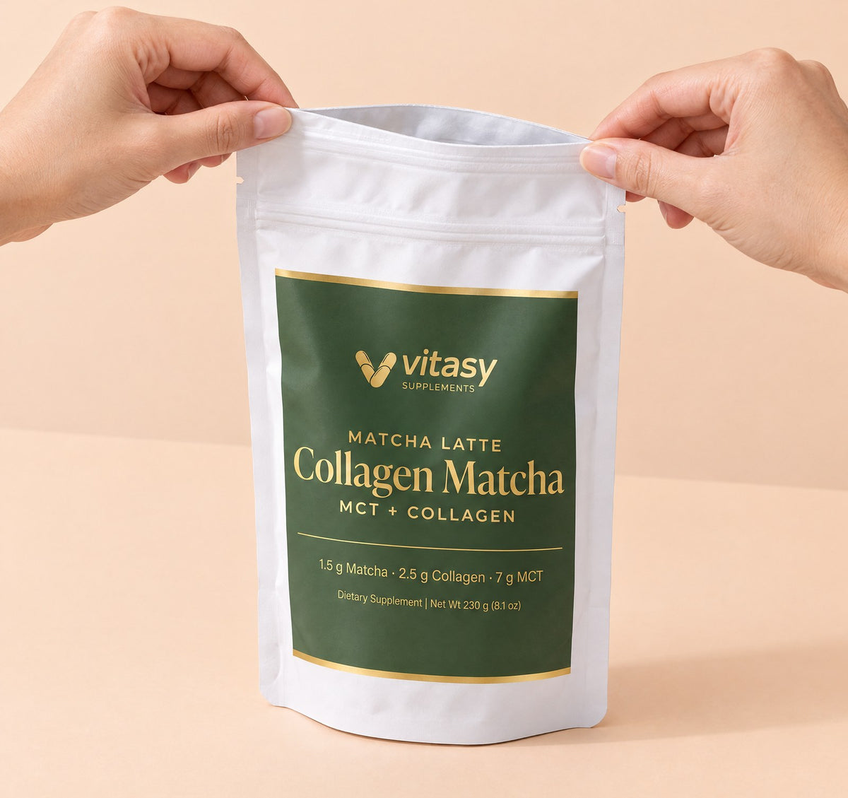 Hands opening the resealable zip of the Collagen Matcha pouch