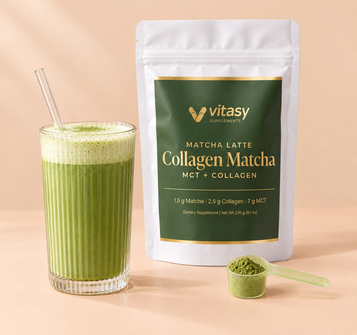 Matcha latte next to the Collagen Matcha pouch and scoop