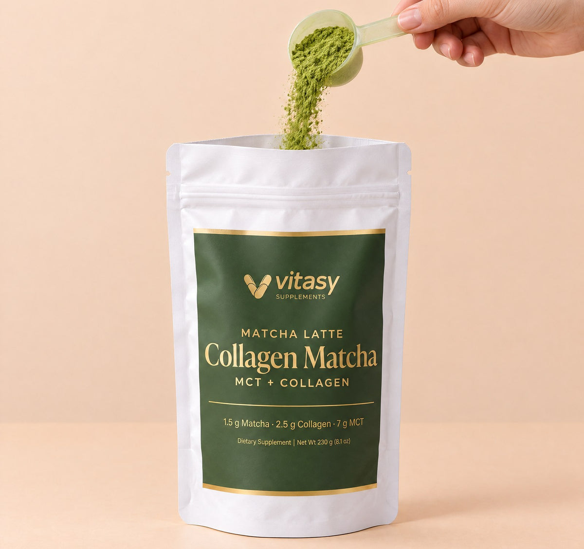Scoop of matcha powder poured into the pouch