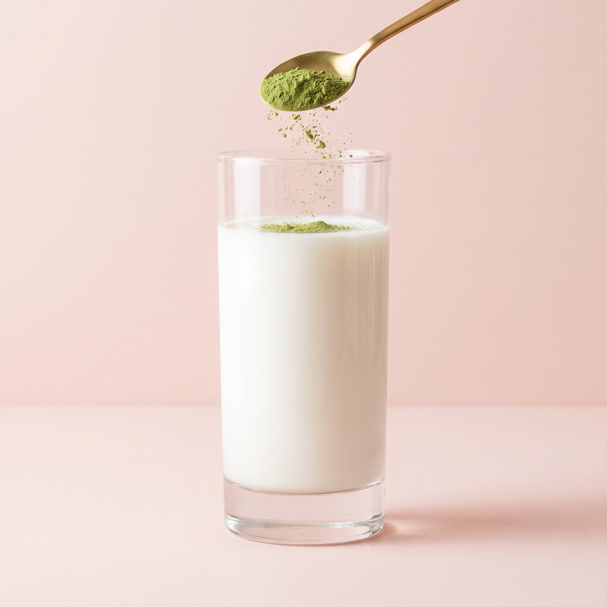 Matcha powder spooned into a glass of milk