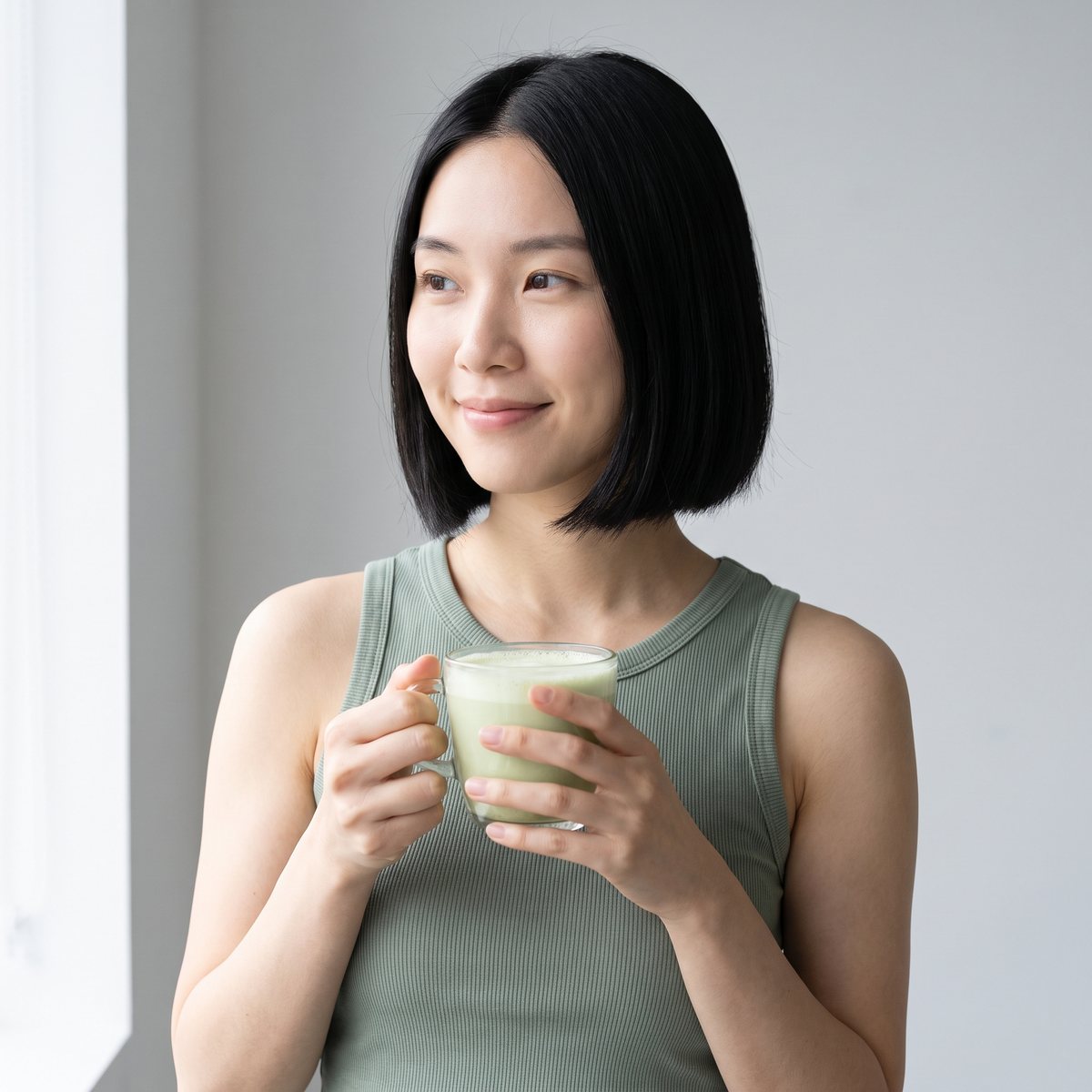 Woman holding a mug of matcha latte