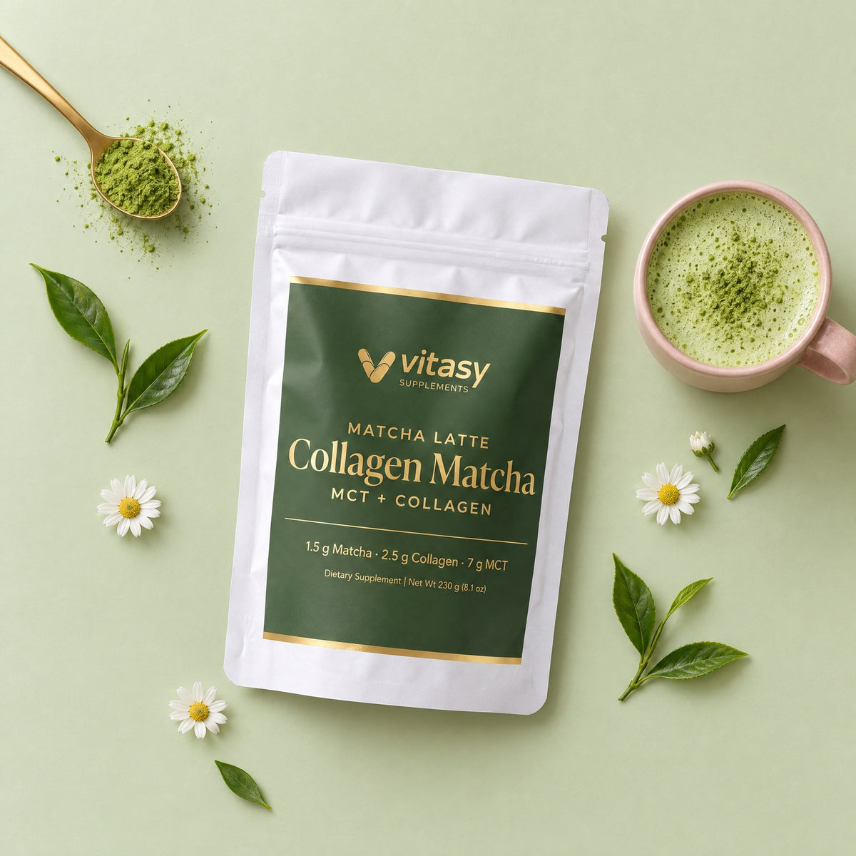 Vitasy Collagen Matcha pouch flat lay with a matcha latte