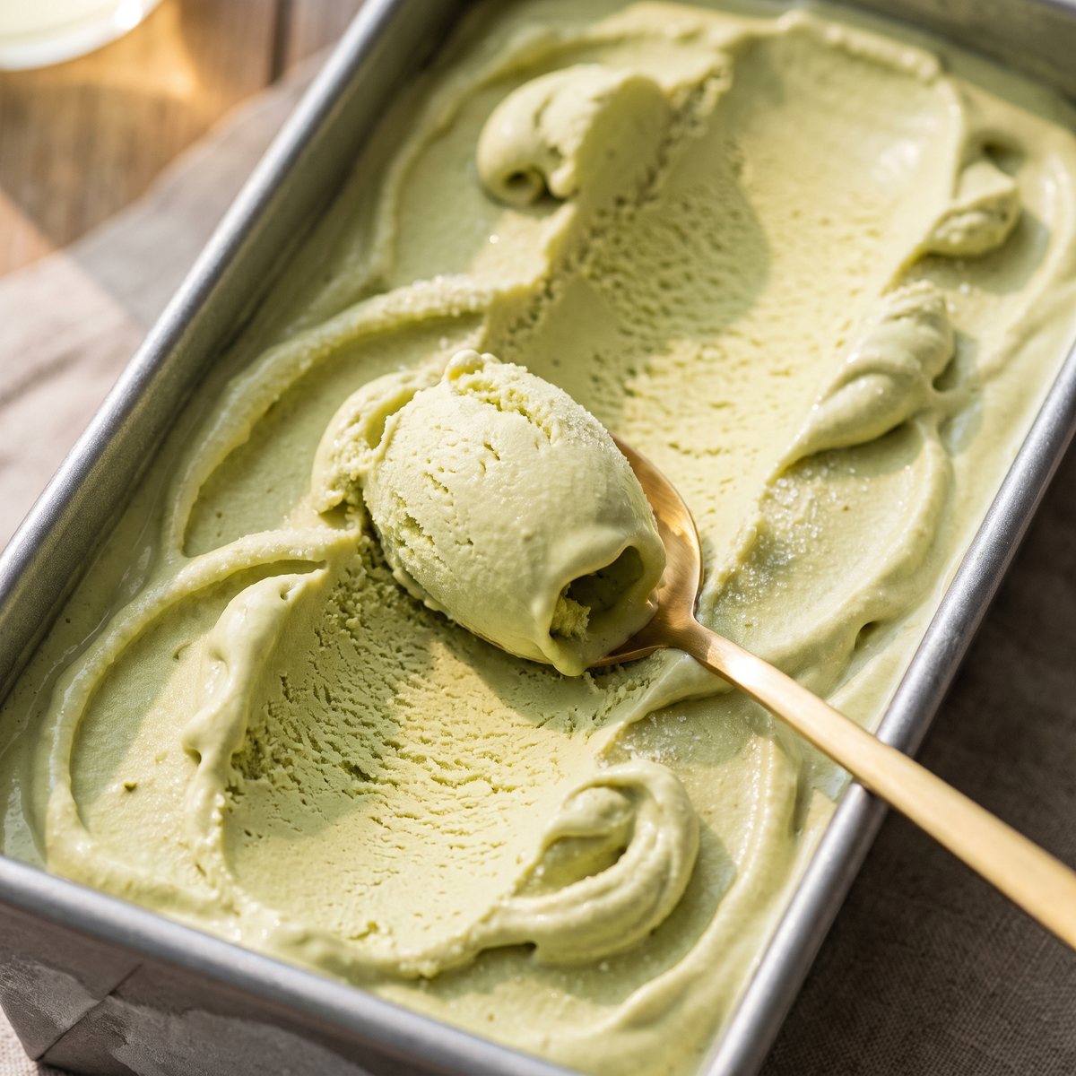 Creamy matcha ice cream with a gold spoon