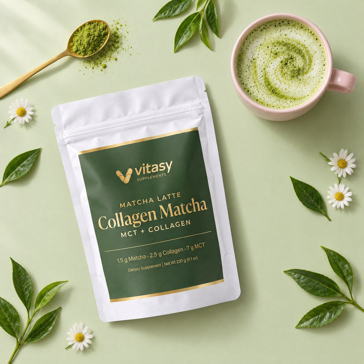 Vitasy Collagen Matcha pouch with a matcha latte and tea leaves