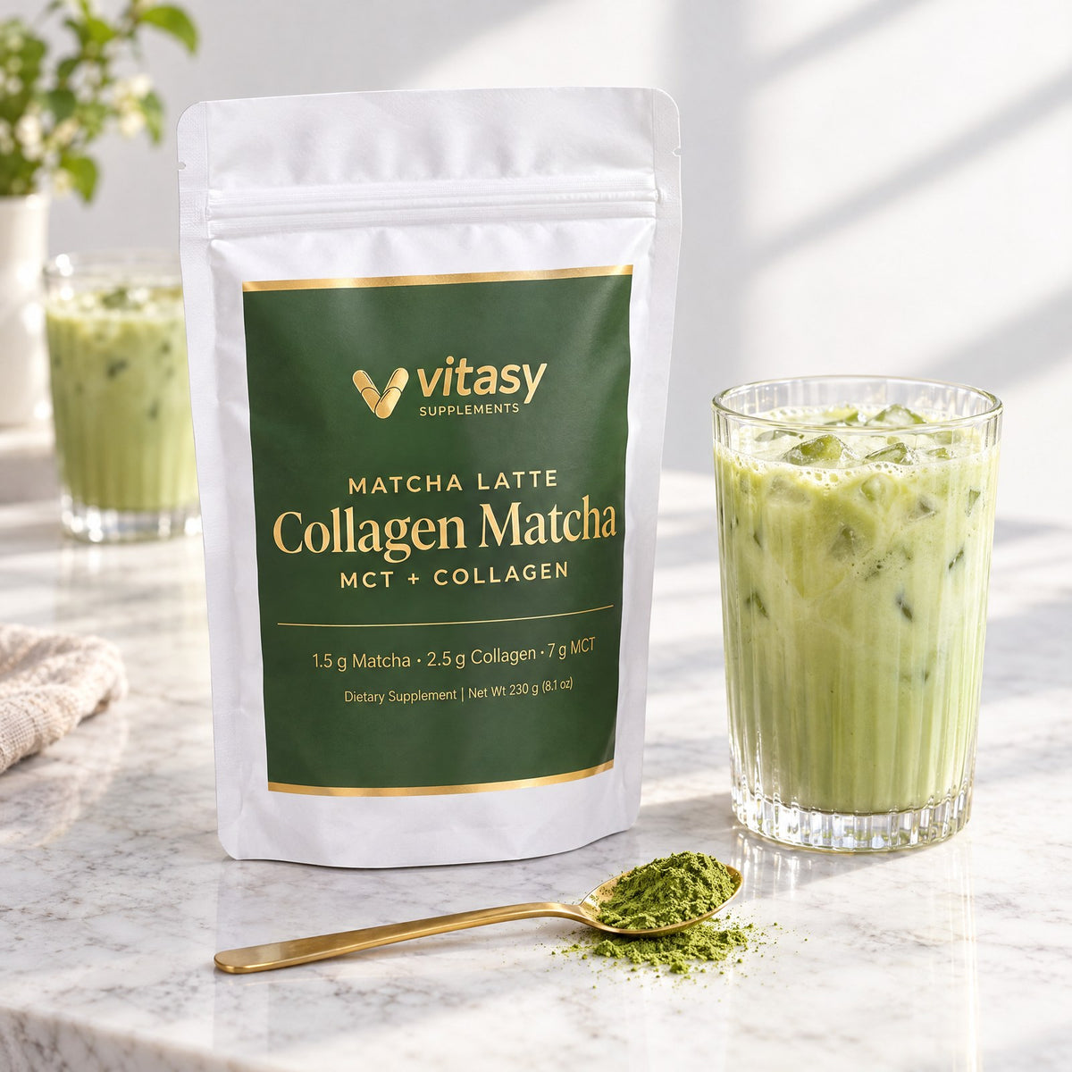 Vitasy Collagen Matcha pouch next to an iced matcha latte